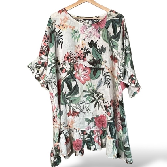 PIAZZA DEL TEMPIO 100% Linen Floral Ruffled Tunic / Mini Dress MADE IN ITALY M - Picture 3 of 9